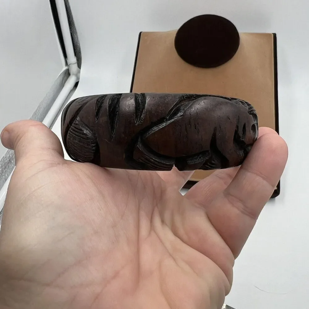 Hand Carved Wooden Safari Animal Rhino Elephant Bangle Bracelet Handmade